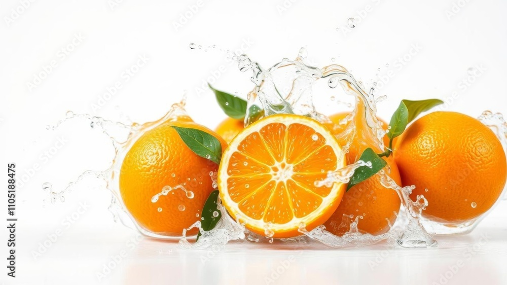 Poster a vibrant splash of water with a cluster of oranges in the center and a refreshing splash of water a