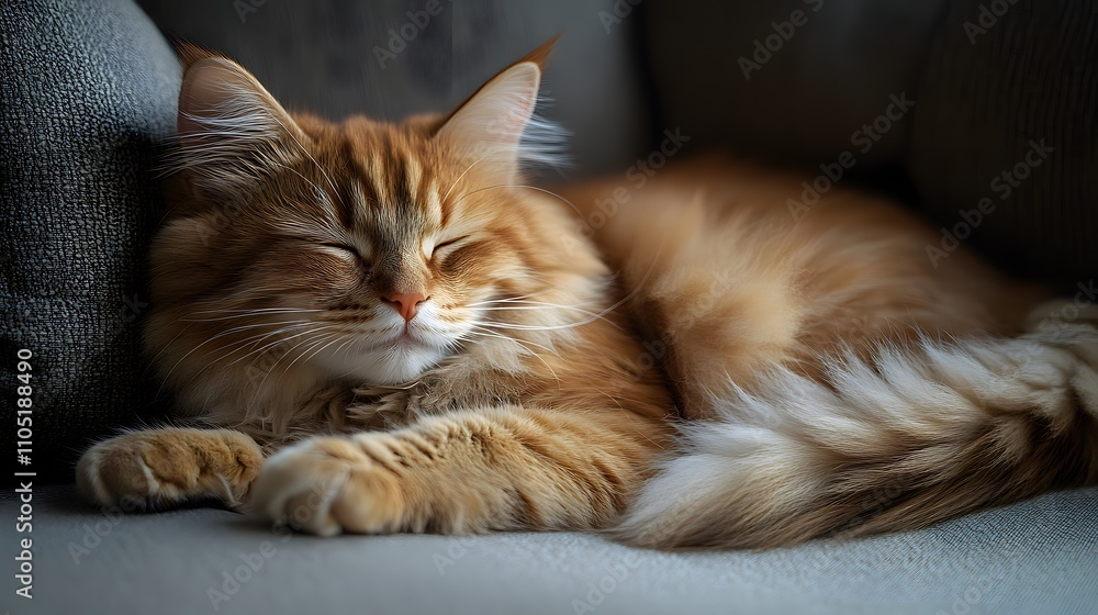 Poster closeup of a cozy ginger tabby cat napping peacefully curled up and resting on the soft cushion of a