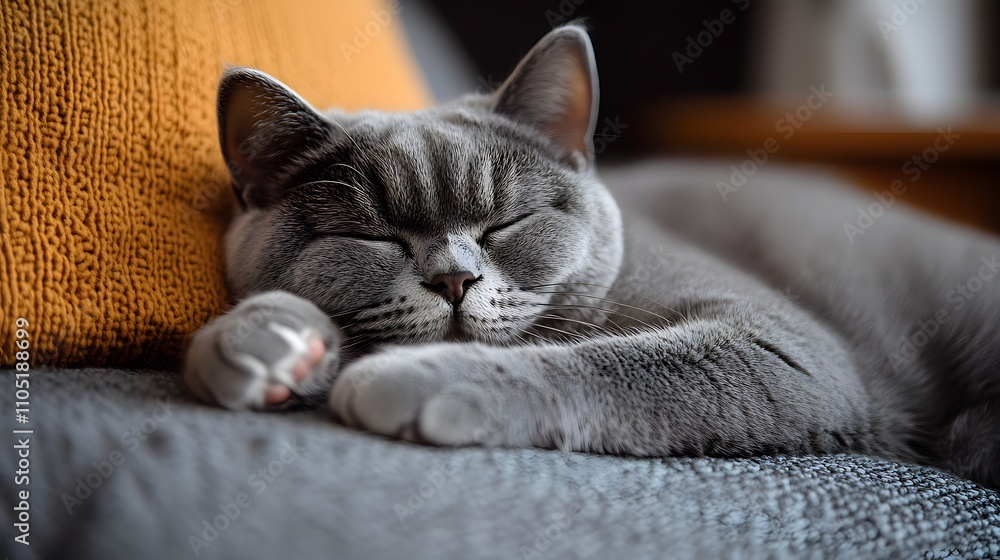 Poster closeup of a cozy gray tabby cat peacefully napping and snoozing on a soft cushion or blanket in a c