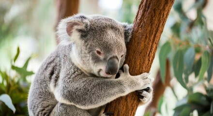 Fototapeta premium Close-up of koala clinging to tree with blurred background in natural habitat