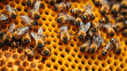 A vibrant stock photo featuring a cluster of bees on a honeycomb with glistening honey in the center, showcasing the beauty of nature and teamwork, organic, bees