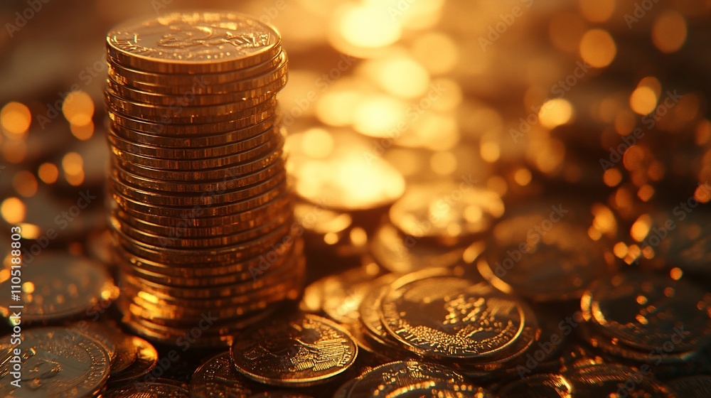 Poster stack of golden coins in soft focus, a large pile of coins in the foreground, illuminated by warm li