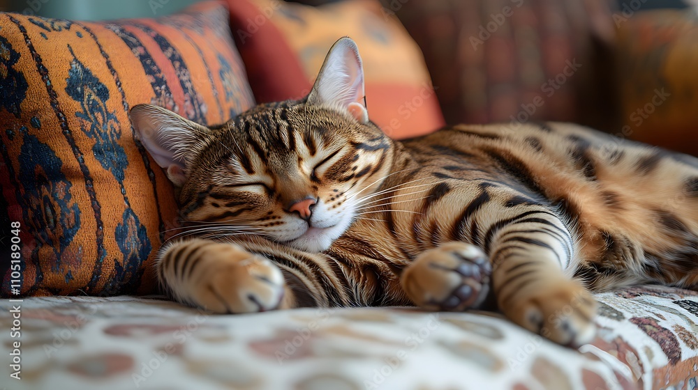 Poster closeup of a comfortable tabby cat curled up and napping peacefully on a patterned sofa cushion in a