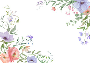 Watercolor floral frame. Hand drawn illustration isolated on white background. Vector EPS.