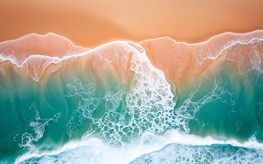 Fototapeta premium Aerial view of turquoise ocean wave reaching the coastline. Beautiful tropical beach from top view
