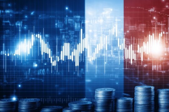 france economy and finance . with coins and digital trading platform, economic growth, stock market chart, investment trends global challenges and opportunities. - Powered by Adobe