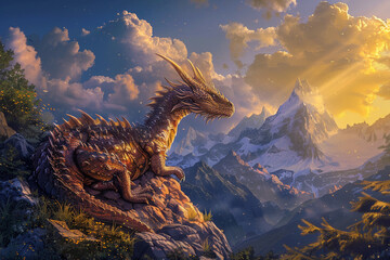 Fototapeta premium Fantastically mythological dragon with big wide wings