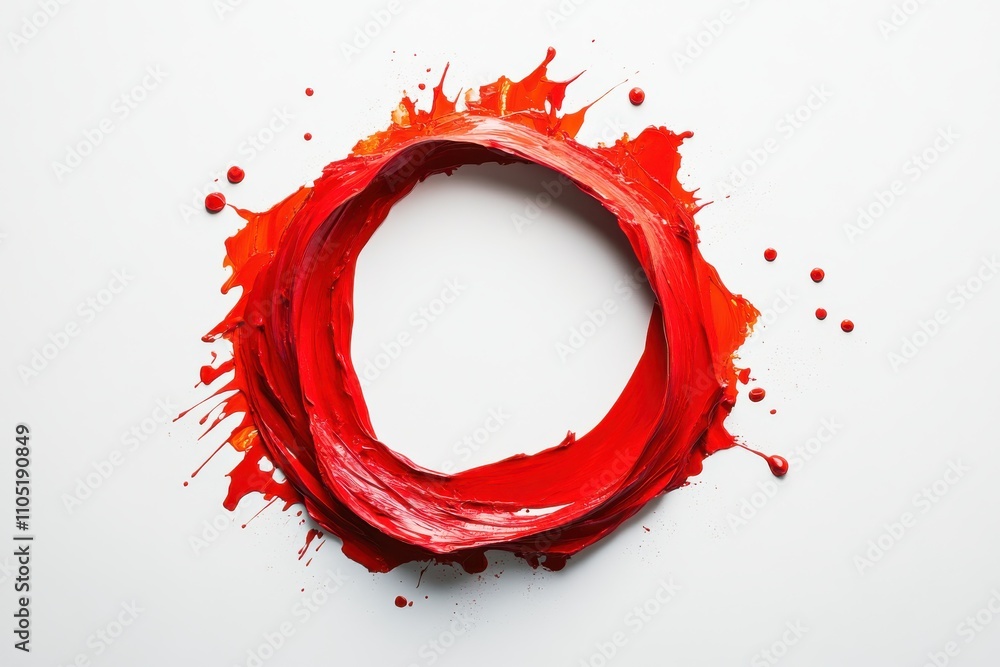 Poster a bold splash of red paint forming a circular shape with irregular edges and scattered droplets