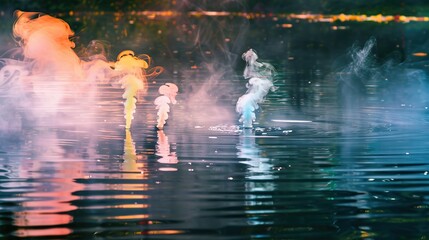 Fototapeta premium Colorful Smoke Plumes Rising from Still Water