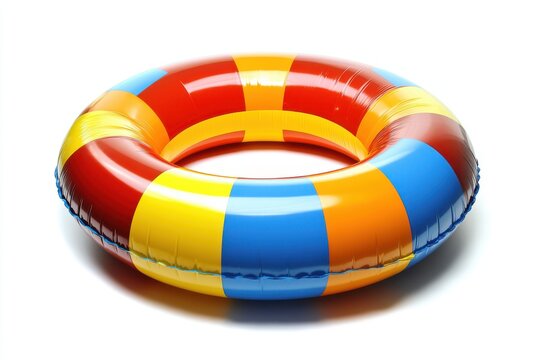 A bright striped inflatable pool ring featuring shades of orange yellow red and blue with a glossy surface