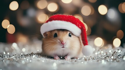 Christmas concept. Hamster in a red Santa hat. New Year