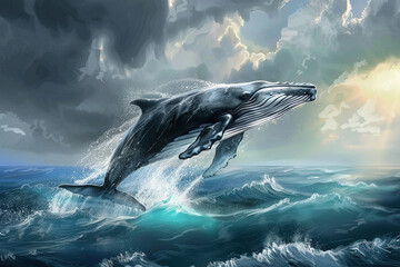 Fototapeta premium Fantastically beautiful majestic huge whale in blue ocean