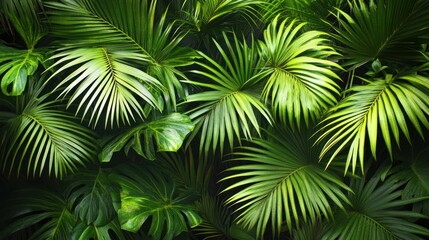 The image showcases vibrant green tropical leaves with intricate patterns, overlapping each other to create a lush, dense canopy. The natural textures and rich greenery exude freshness and tranquility