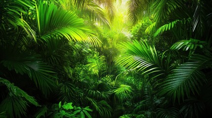 The image showcases vibrant green tropical leaves with intricate patterns, overlapping each other to create a lush, dense canopy. The natural textures and rich greenery exude freshness and tranquility