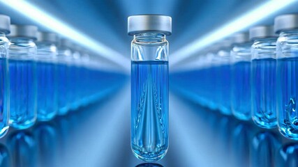 A collection of blue vials in a modern laboratory setting, showcasing pharmaceutical innovation and scientific research. - Powered by Adobe