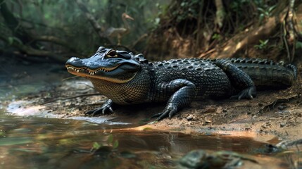 The image shows a crocodile resting by a calm forest stream. Its textured scales glisten in the light, blending with the natural surroundings, while dense greenery adds depth to the wild habitat.