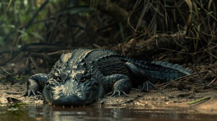 Obraz premium The image shows a crocodile resting by a calm forest stream. Its textured scales glisten in the light, blending with the natural surroundings, while dense greenery adds depth to the wild habitat.
