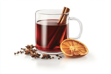 A clear glass mug filled with rich steaming mulled wine garnished with a cinnamon stick