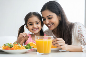Indian mother and daughter having a breakfast together