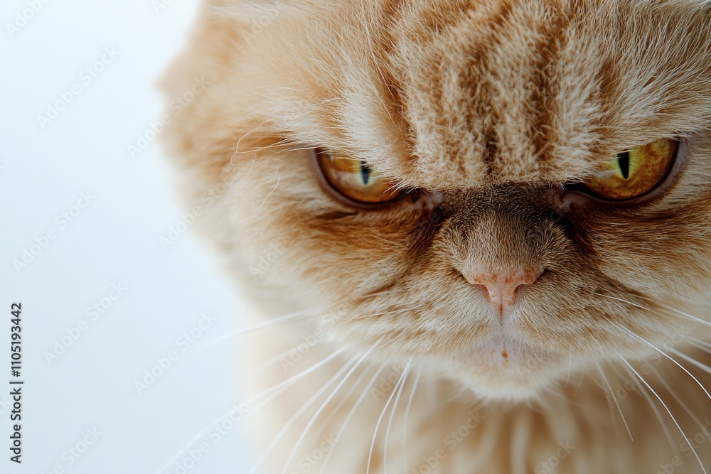 Poster a close up of a grumpy looking cat with light orange fur and sharp