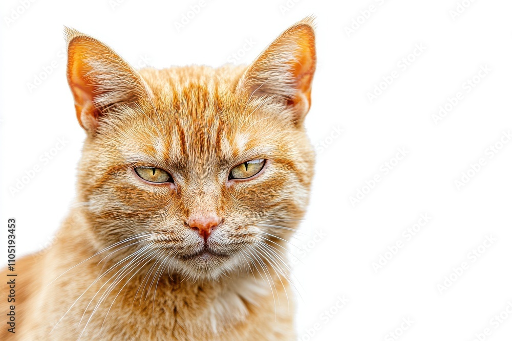 Poster a close up of a grumpy looking cat with light orange fur and sharp