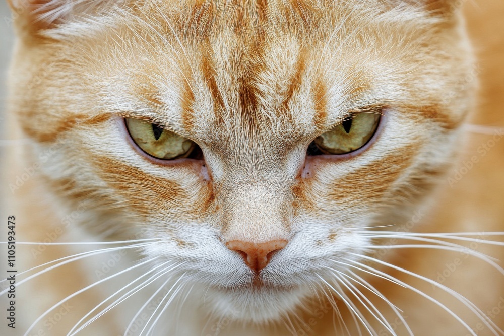 Poster a close up of a grumpy looking cat with light orange fur and sharp