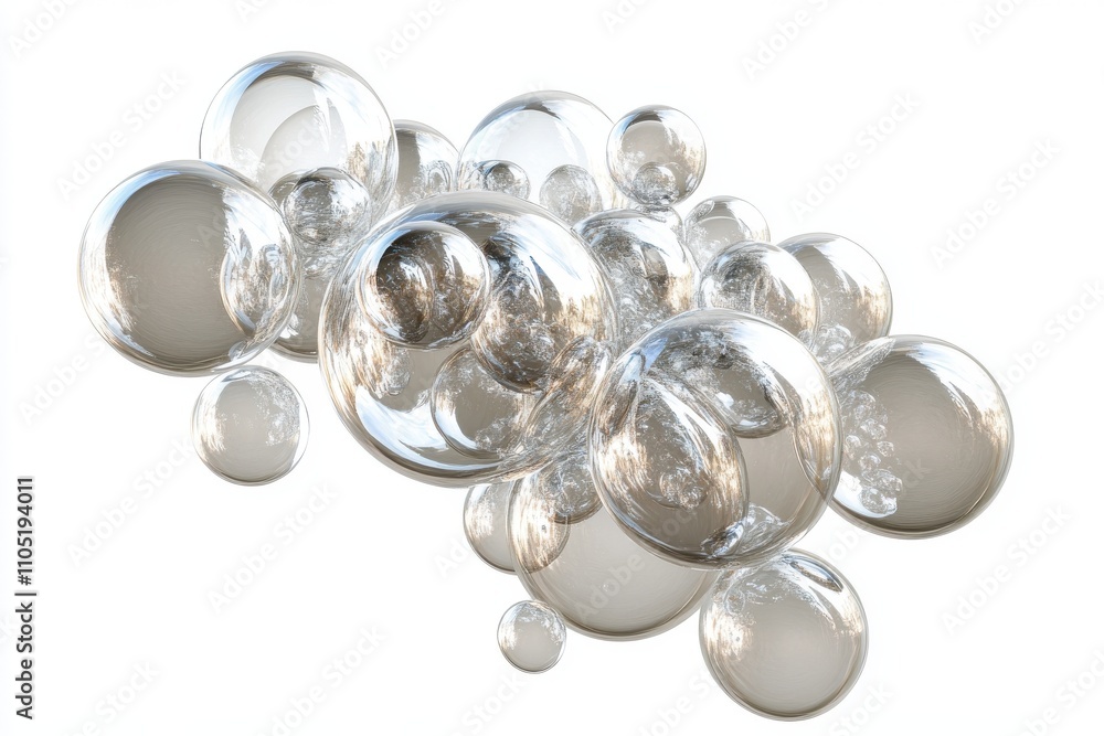 Poster a cluster of transparent bubbles of varying sizes floating in a random arrangement