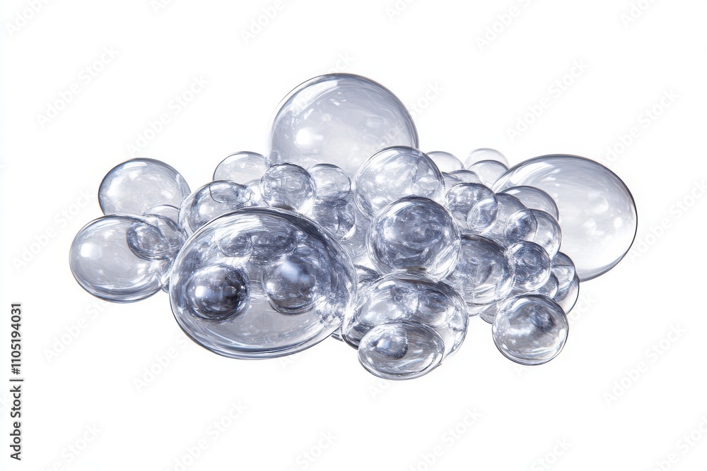 Poster a cluster of transparent bubbles of varying sizes floating in a random arrangement
