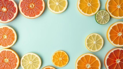 Vibrant citrus fruit background with sliced oranges, lemons, limes, and grapefruits arranged in colorful pattern, colorful, pattern