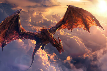 Fototapeta premium Fantastically mythological dragon with big wide wings