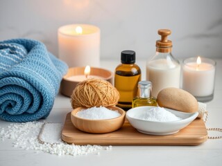 White ceramic tray in a home bathroom, set up with spa supplies like salt soap, bath salts, massage oil, candlelight, and a rolled blue towel for a relaxing ritual, home, bath salts