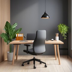 Modern Office Space with Desk and Green Plants