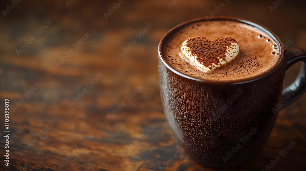 Poster close up of a freshly brewed hot latte with a heart shaped foam design resting on a rustic wooden ta