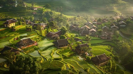 The image depicts a serene rural landscape with traditional wooden houses surrounded by lush green terraced rice fields under soft sunlight, creating a peaceful and picturesque scene.
