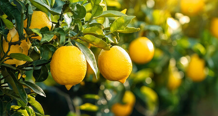 Close-up of Lemon trees that are bearing fruit in the garden, a blurred background, soft light.