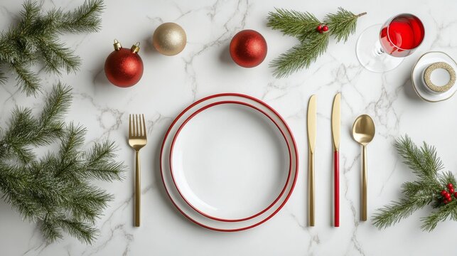 modern Christmas dining arrangement, white marble texture backdrop, vibrant red accent stripe, metallic gold utensils, clean white dinnerware, fresh pine garnish, shimmering gold ornaments,