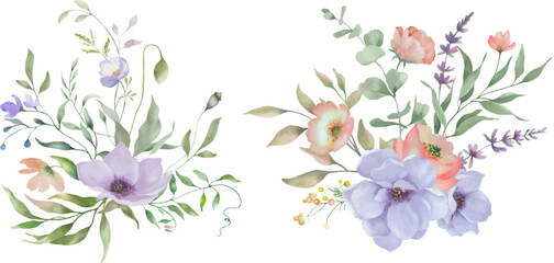 Watercolor floral set. Hand drawn illustration isolated on white background. Vector EPS.