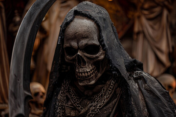 Fototapeta premium Scary grim reaper with sharp scythe in hell with dramatic background