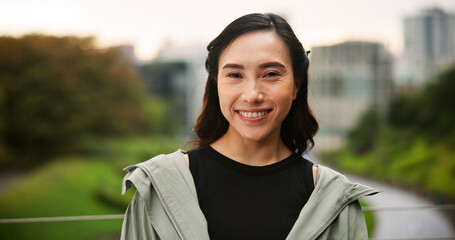 City, fitness and portrait of woman un Japan for cardio or marathon training routine. Bridge,...