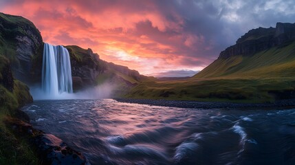 Fototapeta premium Dramatic sunset over a waterfall cascading into a river, surrounded by lush green hills and dramatic clouds.