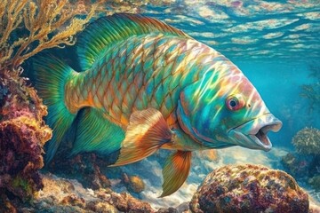 Fototapeta premium Parrotfish Grazing on Algae A colorful parrotfish bites into algae 