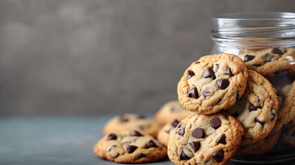 Food sweet snack junk diet concept. Freshly baked chocolate chip cookies.
