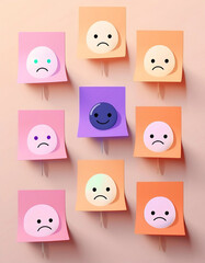 Positive attitude concept with small office notes with multiple faces and one standing out with a smile