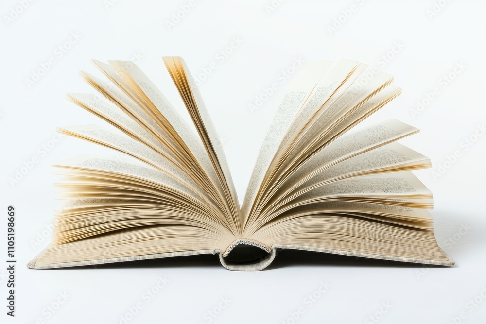 Poster a hardcover book lying open, with pages spread wide and slightly curled creating a sense of movement