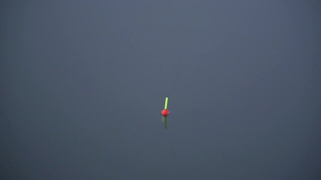 Bright fishing bobber floating on calm water during early morning in a serene outdoor setting