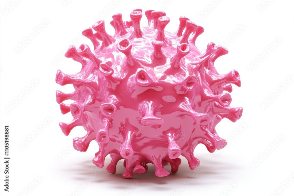 Poster a highly detailed 3d rendering of a virus with a spherical pink surface covered in spike like protru