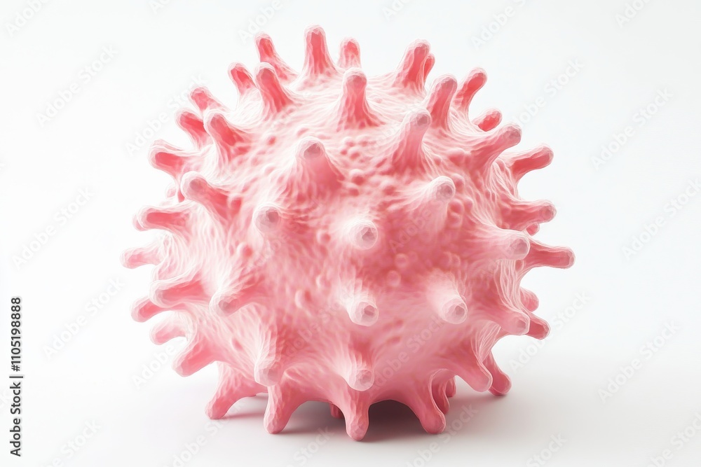 Poster a highly detailed 3d rendering of a virus with a spherical pink surface covered in spike like protru