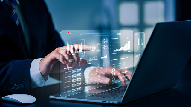 AI, data analysis. Business people use AI to analyze financial related data. big data Complex performance measurement With modern innovative technology