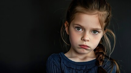 Upset young girl on black background.