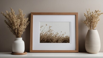 Home interior poster mock up with vertical gold frame with ornamental plants in pots on empty wall background.3D rendering